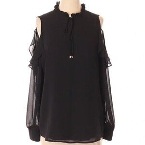 Calvin Klein Long Sleeve Cold Shoulder Blouse with Ruffles and Tie Front